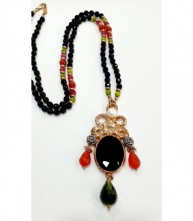 Collar de onix, cornalina e jade de 80 cm, con medallon de onix en Plata de Ley 925mls chapado oro rosa - VANTO - GR2867AG