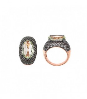 ROSE GOLD PLATED SILVER RING WITH WHITE ZIRCONS AND GREEN AMETHYST - SALVATORE - 252S0037